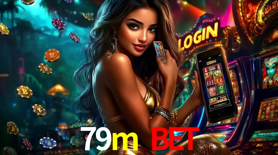 Mulher em um cenário de cassino temático de aventura, mostrando o app de caça-níqueis da 79m bet no celular. Fichas de apostas flutuam ao redor.